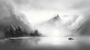 国风水墨渔船黑白意境风景