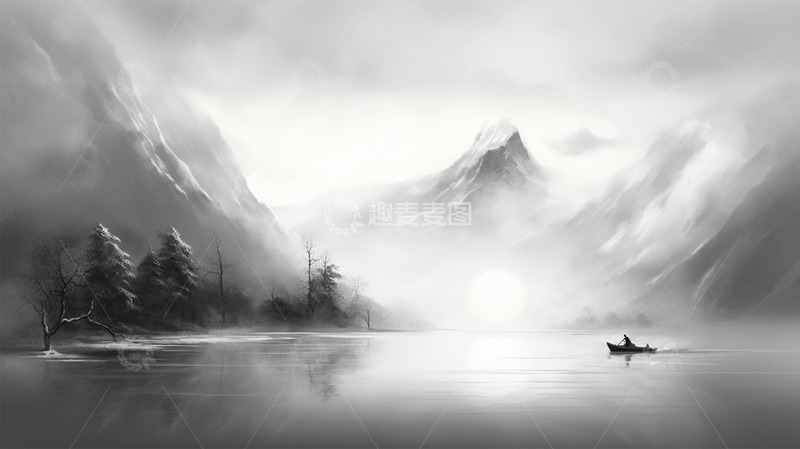 高清大图下载【趣麦麦图】国风水墨渔船黑白意境风景