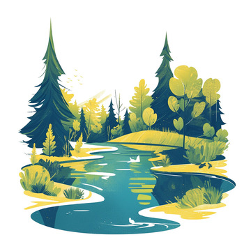 湖面湖森林景观插画