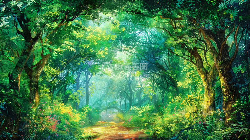 高清大图下载【趣麦麦图】森林绿色渐变生机自然阳光唯美插画