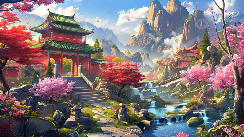 高清大图下载【趣麦麦图】国风建筑红墙绿瓦山水唯美场景