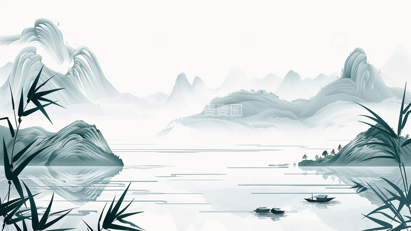高清大图下载【趣麦麦图】水墨单色山峰水面竹子船