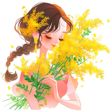 可爱女孩与黄色花束卡通素材