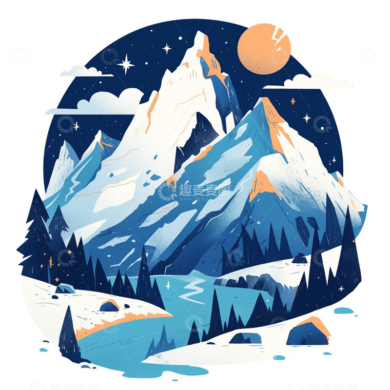 高清大图下载【趣麦麦图】雪山山峰景观插画