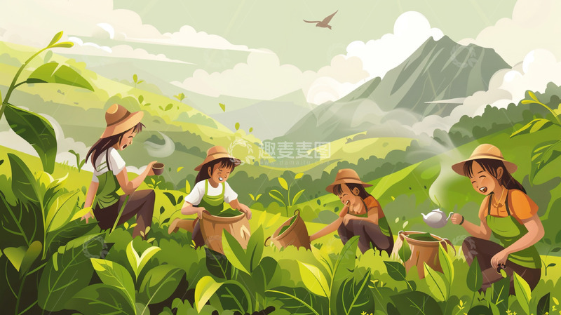 源文件下载【趣麦麦图】茶园春色采茶女工忙碌的场景
