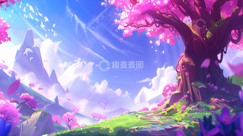 高清大图下载【趣麦麦图】紫色春天大树山峰云插画