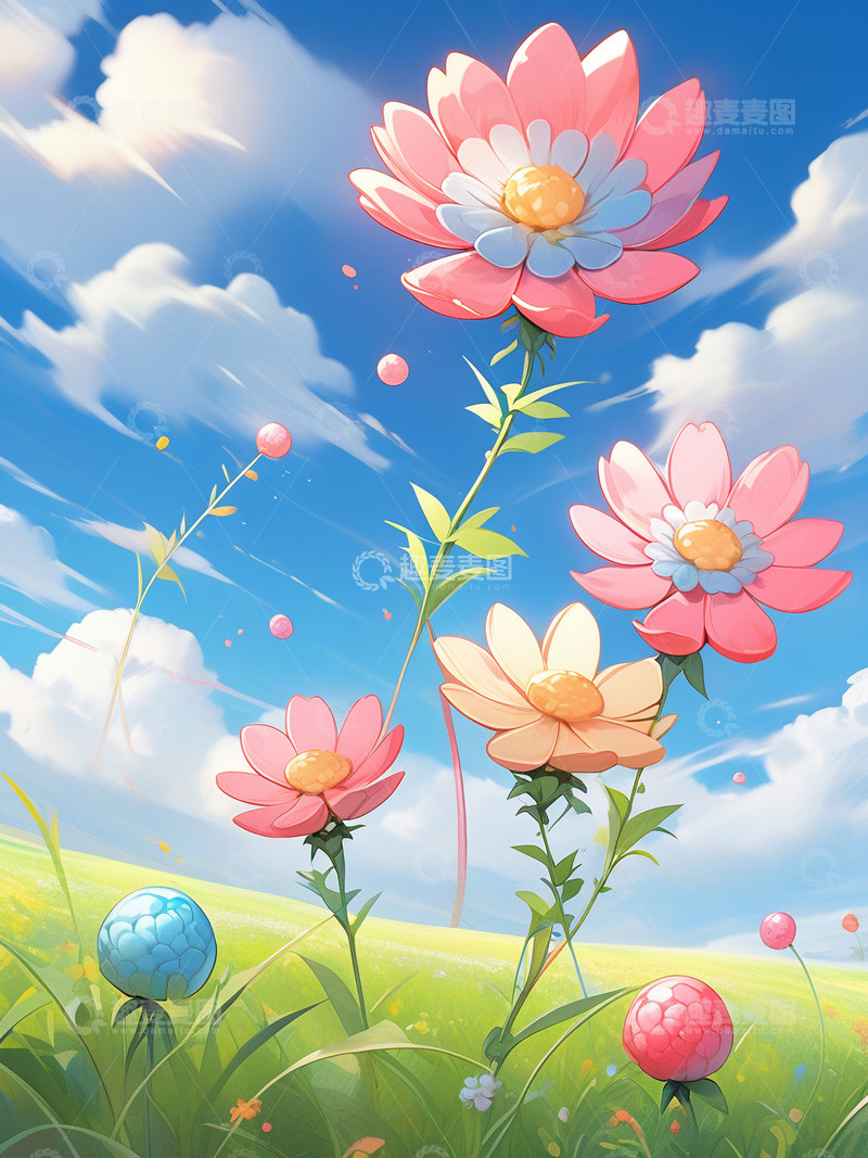 高清大图下载【趣麦麦图】花朵草地蓝天白云二次元风景插画