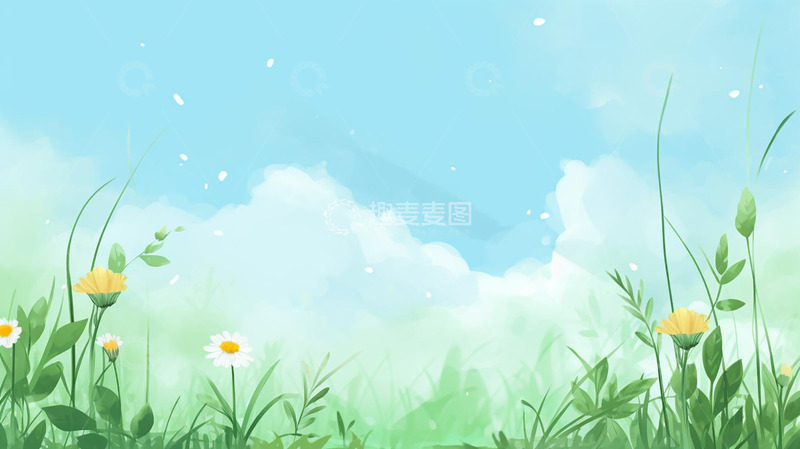 高清大图下载【趣麦麦图】绿叶蓝天花草背景春天插画