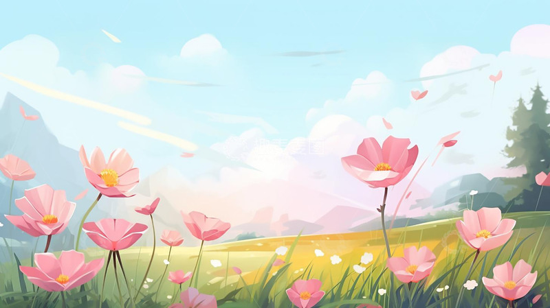 高清大图下载【趣麦麦图】粉色小雏菊蓝天白云插画背景