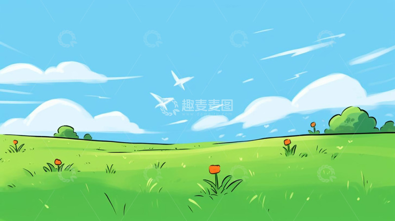 高清大图下载【趣麦麦图】绿色小情绪蓝天白云花草户外插画背景