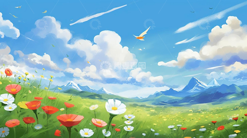 高清大图下载【趣麦麦图】夏天蓝天白云花草背景