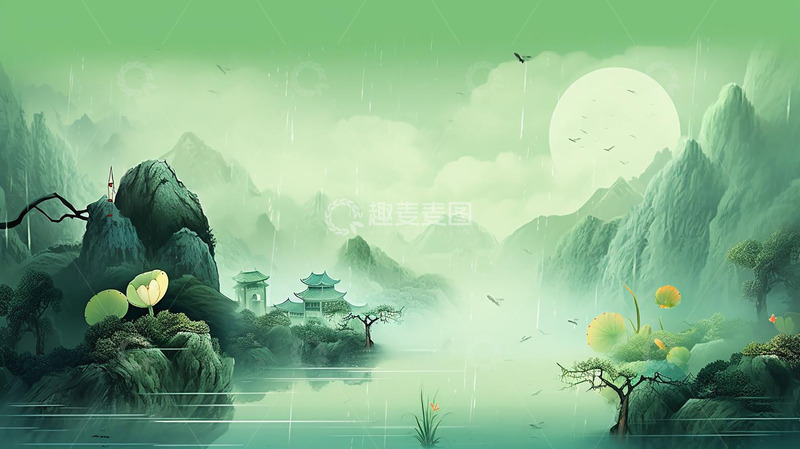 高清大图下载【趣麦麦图】-中式复古水墨画山水插画背景