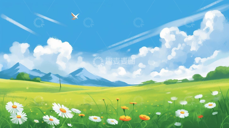 高清大图下载【趣麦麦图】夏天植物蓝天白云山树唯美插画