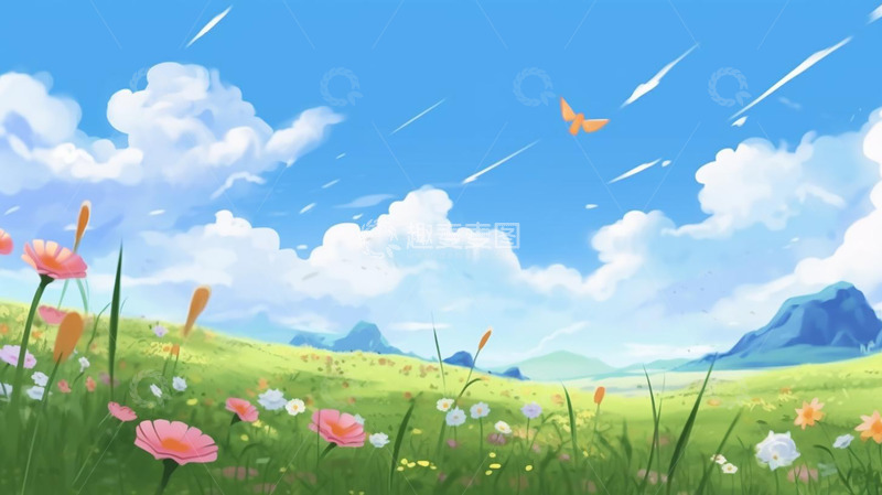 高清大图下载【趣麦麦图】夏日蓝天绿色小清新草丛植物花草