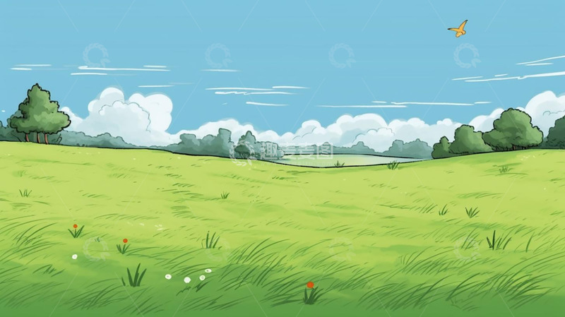 高清大图下载【趣麦麦图】绿色草坪蓝天插画背景