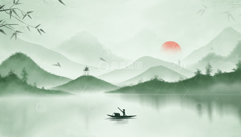 源文件下载【趣麦麦图】手绘中国风墨绿水墨山水画海报背景