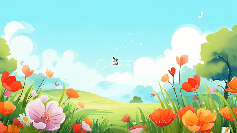 高清大图下载【趣麦麦图】彩色花朵蓝天白云背景