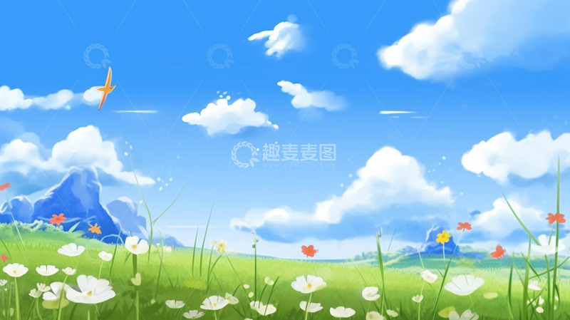 高清大图下载【趣麦麦图】绿色春天春季花草草坪春游背景插画