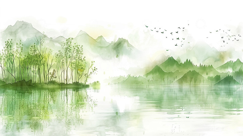 高清大图下载【趣麦麦图】单色绿色水墨山峰植物水面