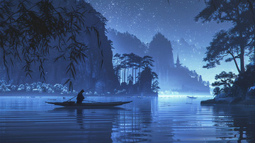 夜晚星空山水植物船蓝色