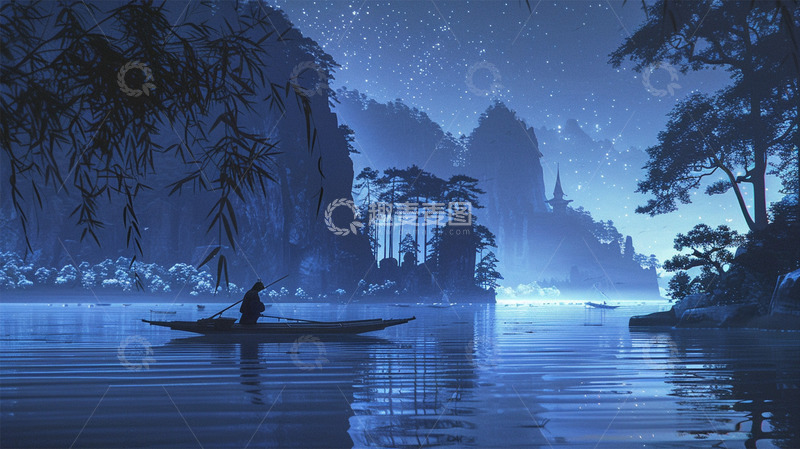 高清大图下载【趣麦麦图】夜晚星空山水植物船蓝色