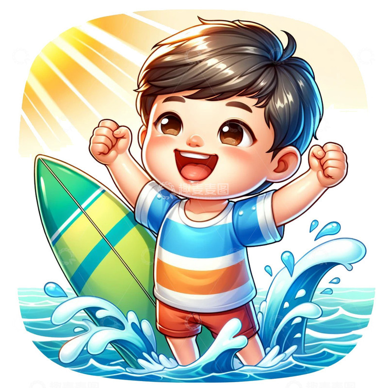 高清大图下载【趣麦麦图】夏季阳光下冲浪的小男孩卡通风格