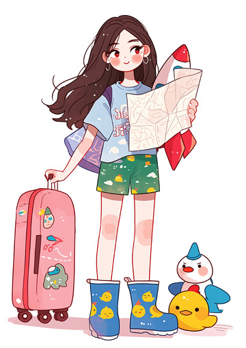 拿着行李箱外出卡通女孩