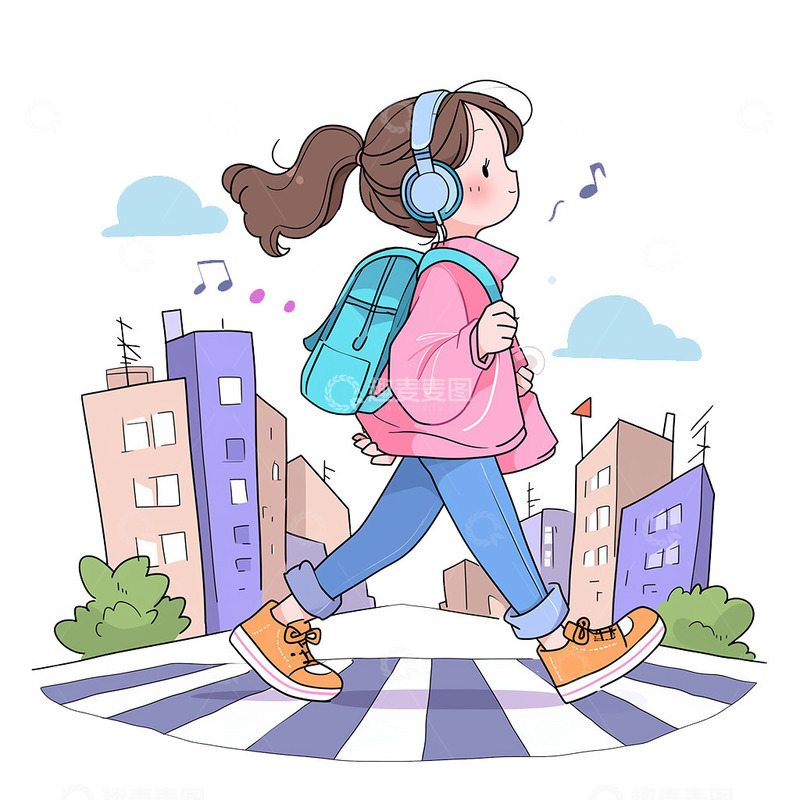 高清大图下载【趣麦麦图】卡通女孩城市出行素材