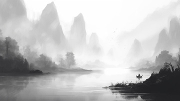 水墨黑白小船山峰水面场景