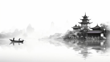 水墨建筑水墨古风船场景黑白