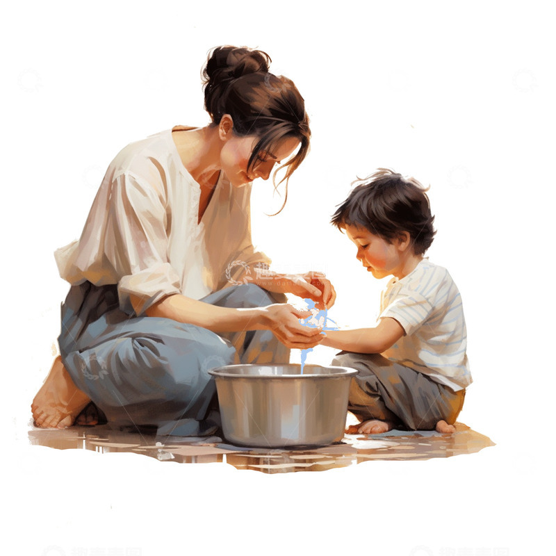母亲和孩子一起卫生清洗