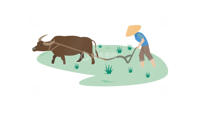 源文件下载【趣麦麦图】农耕场景水田犁地