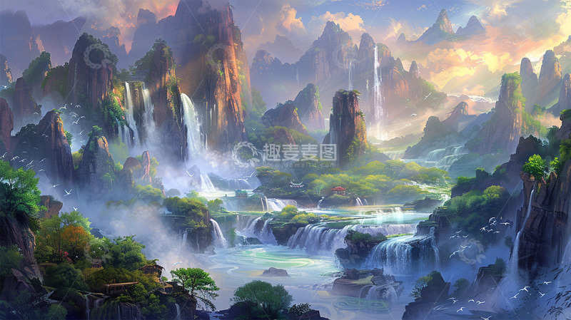 高清大图下载【趣麦麦图】山峰瀑布河流植物云雾风景
