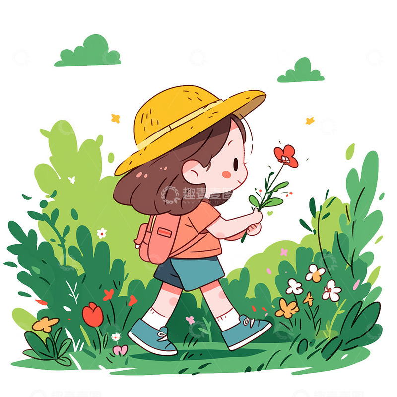 高清大图下载【趣麦麦图】拿着小花的卡通小女孩