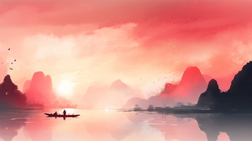 水墨红色渔船阳光太阳插画场景