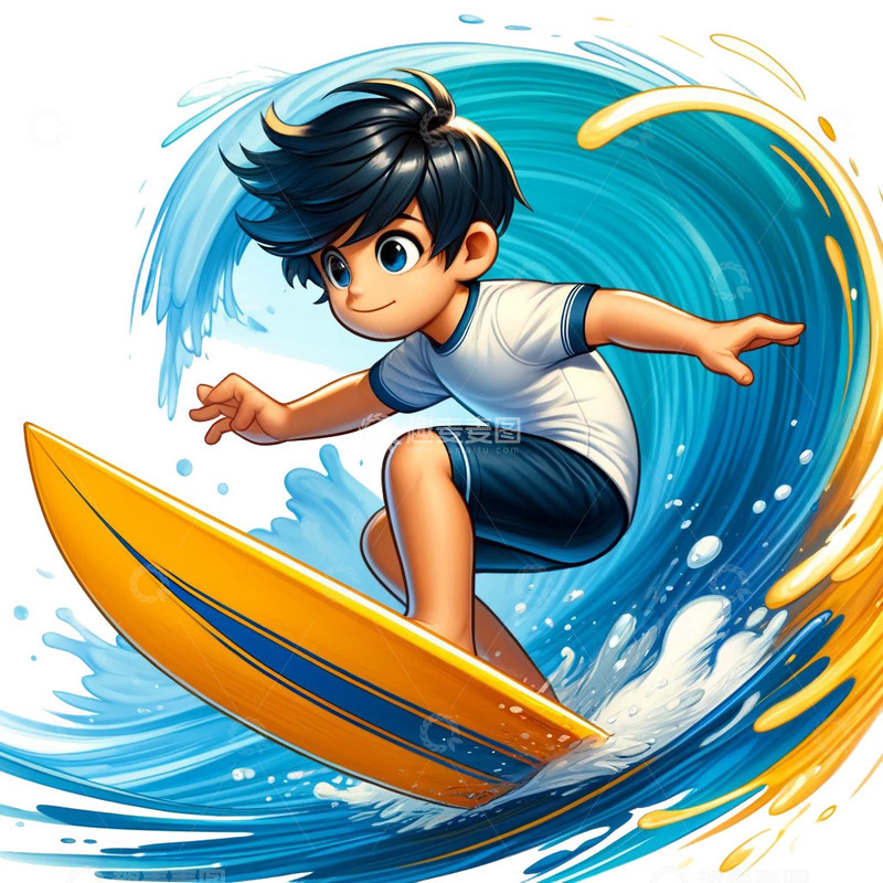 高清大图下载【趣麦麦图】卡通风格男孩冲浪场景素材