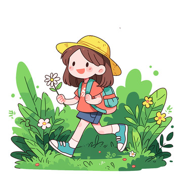 外出郊游的可爱小女孩卡通风格