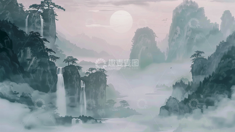 高清大图下载【趣麦麦图】中国风山水瀑布水墨单色太阳风景