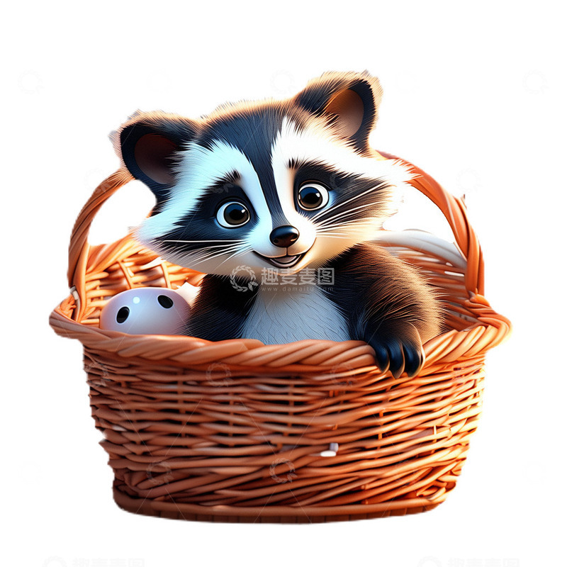 高清大图下载【趣麦麦图】3D立体卡通浣熊动物篮子毛绒绒