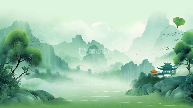 高清大图下载【趣麦麦图】中国风水墨山水画绿色背景