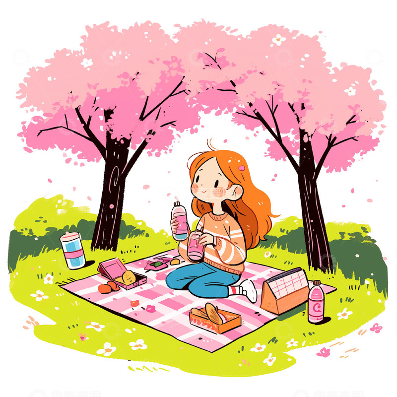 高清大图下载【趣麦麦图】卡通人物郊外野餐素材