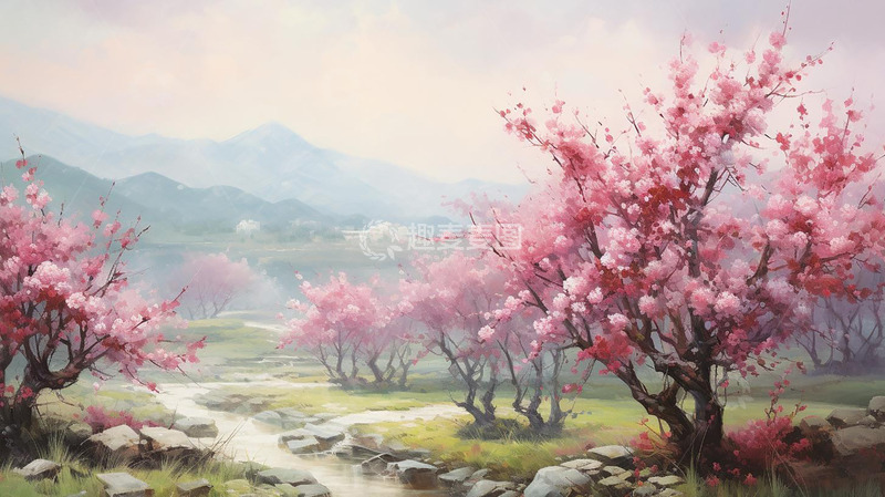 高清大图下载【趣麦麦图】粉色唯美桃花林山水画展板