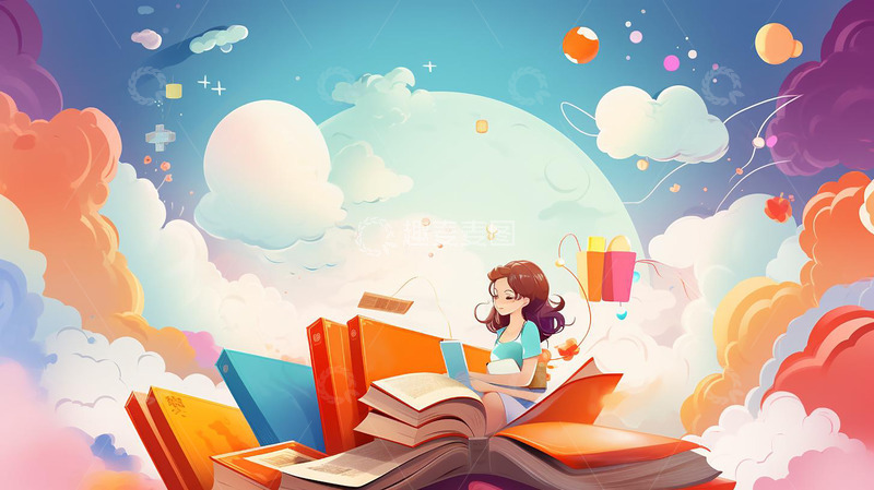 高清大图下载【趣麦麦图】卡通可爱彩色手绘小清新书本插画星空背景
