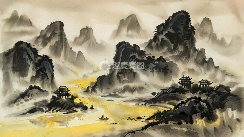 高清大图下载【趣麦麦图】黄河诗意水墨画插图