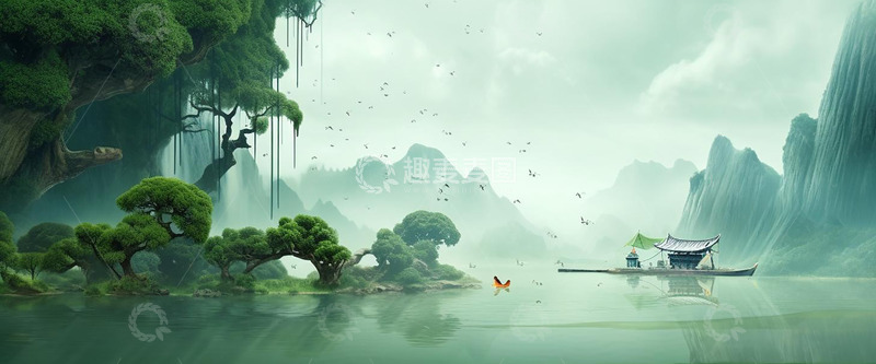 高清大图下载【趣麦麦图】中国风复古手绘插画水墨画背景