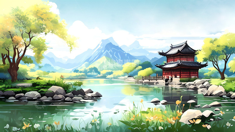 高清大图下载【趣麦麦图】-山水插画国潮插画