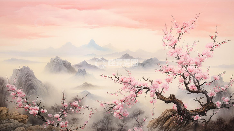 高清大图下载【趣麦麦图】中国风粉色桃花树林山水画插画
