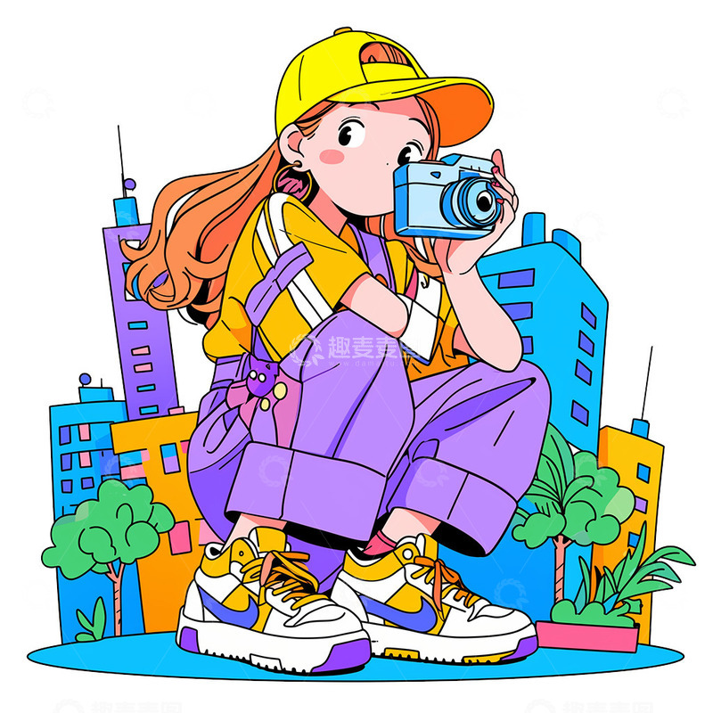 高清大图下载【趣麦麦图】户外步行旅拍卡通女孩素材
