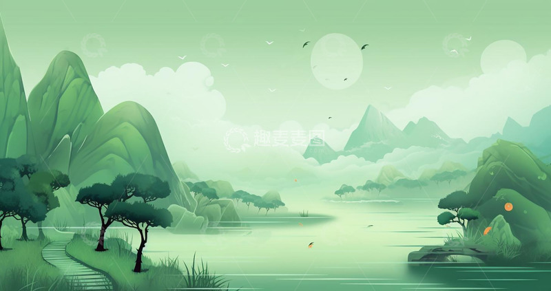 高清大图下载【趣麦麦图】中国风绿色谷雨手绘插画背景