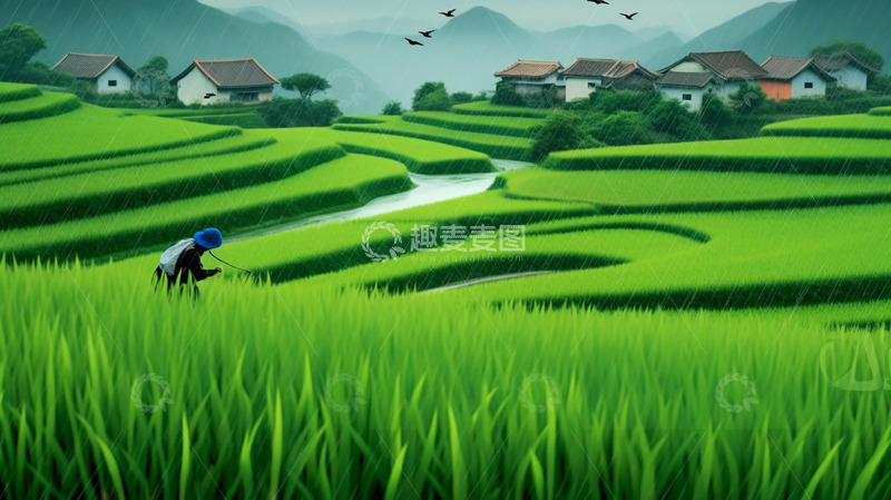 高清大图下载【趣麦麦图】手绘绿色稻田背景